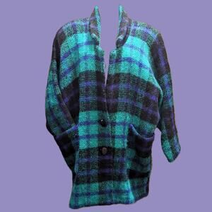 Vintage 1980s Plaid Mohair Long Sweater Jacket with Shoulder Pads by Gallery